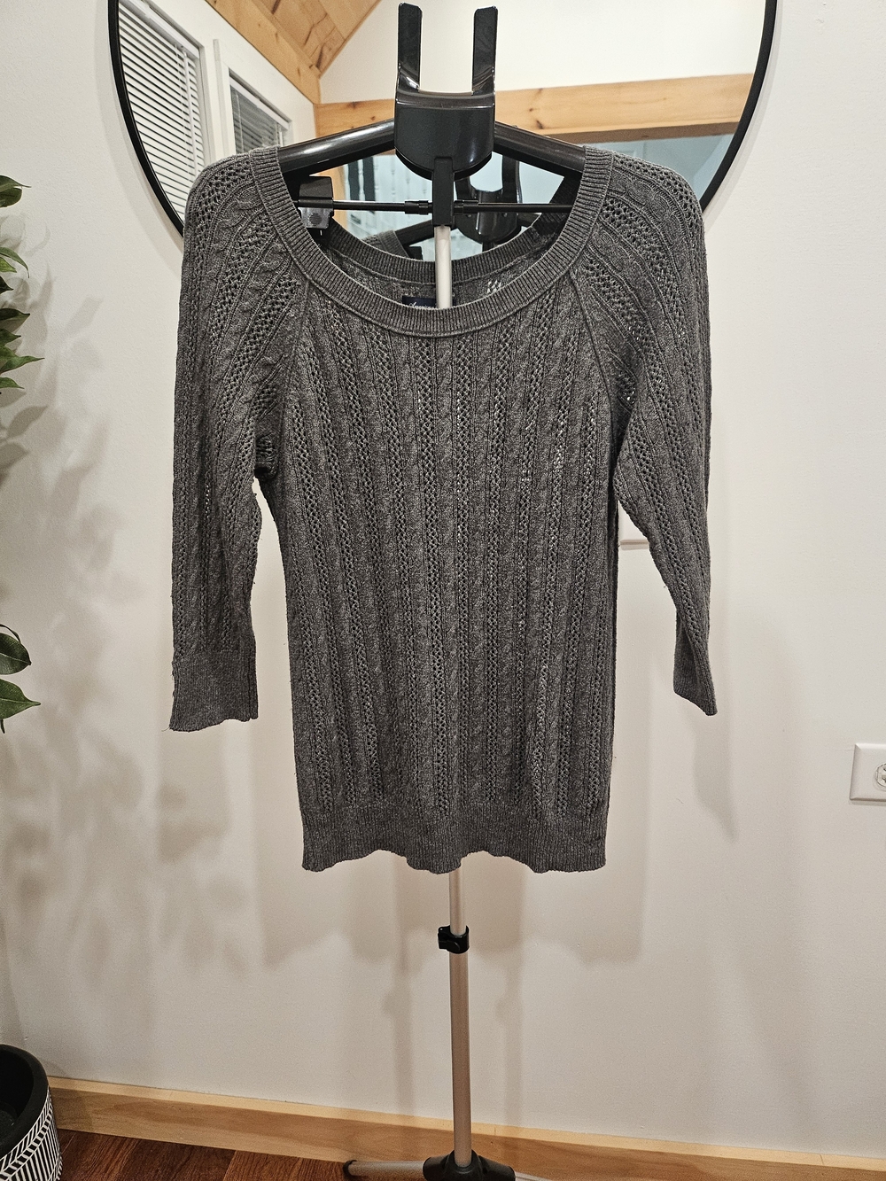 American Eagle Outfitters Dark Gray Cable-Knit Crewneck Sweater
